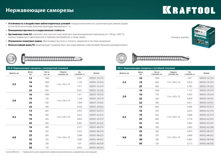 Нержавеющие саморезы DS-P с полукруглой головкой, коробка 300931-42-019 купить в Нефтеюганске