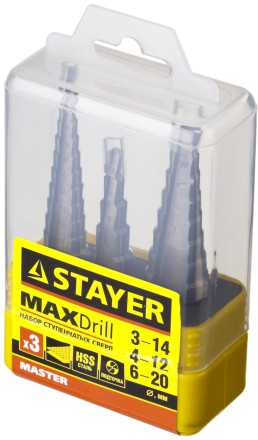 Набор STAYER &quot;MASTER&quot;: Ступенчатые сверла по сталям и цвет.мет., сталь HSS, d=3-14мм,12ступ. d 4-12 мм 5 ступ., d 6-20мм 8ступ. 29660-3-20-H3 купить в Нефтеюганске