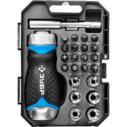 Набор ЗУБР &quot;ПРОФЕССИОНАЛ&quot;: Отвертка реверсив с двухкомп рукоят, насадки, CrMo, рукоят с отсеком для хранения бит, 24 предмета 25353-H24 купить в Нефтеюганске