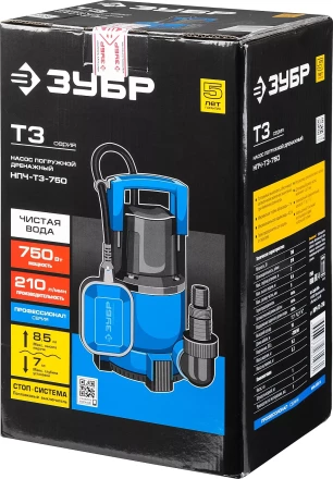 Насос ЗУБР &quot;ПРОФЕССИОНАЛ&quot; Т3 погружной дренажный для чистой воды (d пропускаемых частиц до 5мм), 750Вт, пропускная способность 210л/мин, напор 8,5м НПЧ-Т3-750 купить в Нефтеюганске