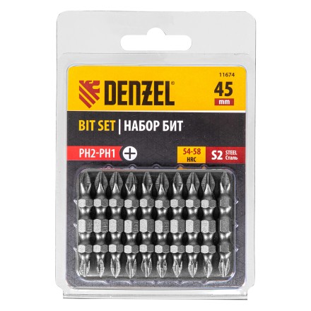 Бита двухсторонняя, PH2-PH1 х 45 мм, сталь S2, 10 шт. Denzel 11674 купить в Нефтеюганске
