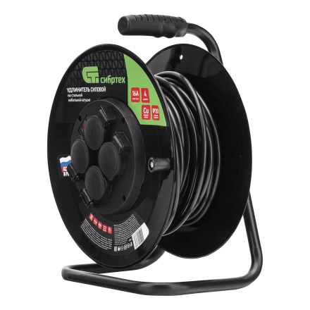 Удлинитель силовой Сибртех 20 м, 16А, тип УХз16, ПВС 3 x 2.5 мм, на стальной катушке, 4 розетки  95872 купить в Нефтеюганске