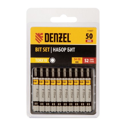 Бита TX 10х50, сталь S2, шестигранный профиль, 10 шт. Е 6,3 Denzel 11667 купить в Нефтеюганске