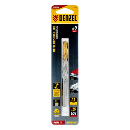 Сверло спиральное по металлу Denzel, 9 x 125 мм, Р6М5, Golden Tip, 718241 купить в Нефтеюганске