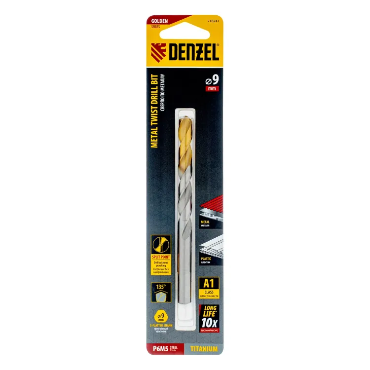 Сверло спиральное по металлу Denzel, 9 x 125 мм, Р6М5, Golden Tip, 718241 купить в Нефтеюганске