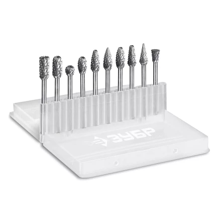 Зубр Набор твердосплавных борфрез для гравера, 10 шт.: 6 мм: B0616, C0616, D0605, E0610, F0618, G0618, H0618, L0616, M0618, N0608 (28816-H10) купить в Нефтеюганске