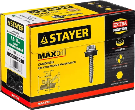 Саморезы СКМ кровельные, RAL 6005 зеленый насыщенный, 19 x 5.5 мм, 500 шт, для металлических конструкций, STAYER 30305-55-019-6005 купить в Нефтеюганске