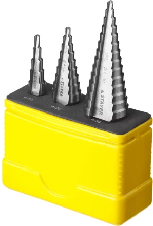 Набор STAYER "MASTER": Ступенчатые сверла по сталям и цвет.мет., сталь HSS, d=4-12мм,5 ступ. d 4-20 мм 9 ступ., d 4-30мм 14ступ. 29660-4-30-H3 купить в Нефтеюганске