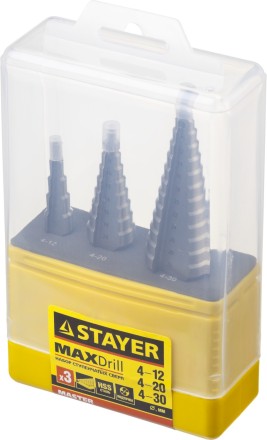 Набор STAYER &quot;MASTER&quot;: Ступенчатые сверла по сталям и цвет.мет., сталь HSS, d=4-12мм,5 ступ. d 4-20 мм 9 ступ., d 4-30мм 14ступ. 29660-4-30-H3 купить в Нефтеюганске
