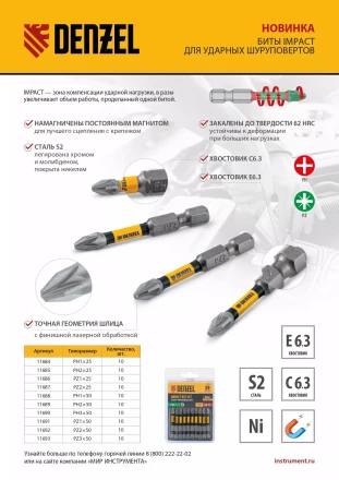 Бита IMPACT, PH2x50 мм, лазерная обработка шлица, сталь S2, 10 шт., Е 6,3 Denzel 11689 купить в Нефтеюганске