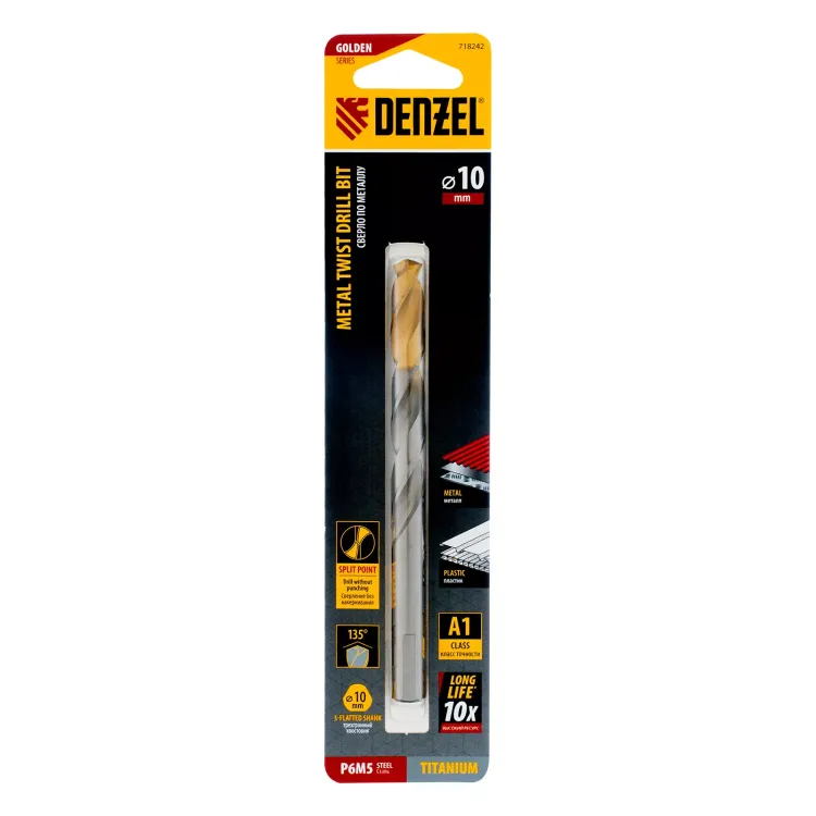 Сверло спиральное по металлу Denzel, 10 x 133 мм, Р6М5, Golden Tip, 718242 купить в Нефтеюганске