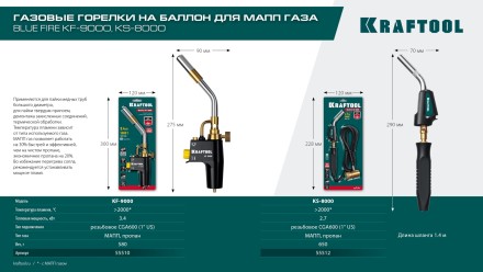Blue Fire KS-8000  горелка для МАПП / MAPP газа,  с пъезоподжигом, на баллон c резьбовым соединением US 1, 2000°C 55512 купить в Нефтеюганске