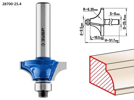 ЗУБР 25.4 x 10.5 мм, радиус 6.3 мм, фреза кромочная калевочная №1, Профессионал (28700-25.4) купить в Нефтеюганске