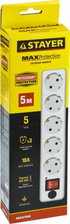 Сетевой фильтр STAYER "MASTER" электрический, 5 гнезд, макс. мощн. 2200 Вт, 5м 55066-5 купить в Нефтеюганске