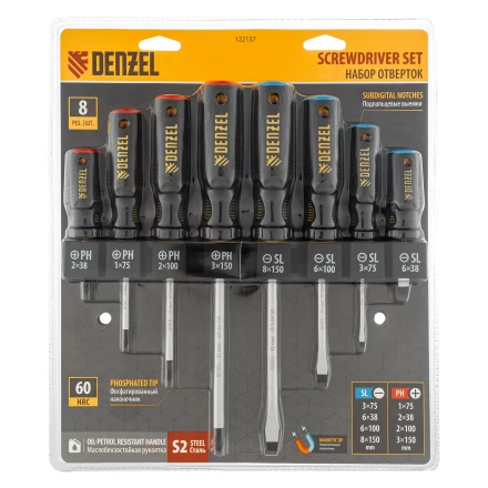 Набор отверток на полке Denzel, 8 шт., PH+SL, S2, 3к рукоятка, 122137 купить в Нефтеюганске