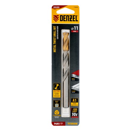 Сверло спиральное по металлу Denzel, 11 x 142 мм, Р6М5, Golden Tip, 718243 купить в Нефтеюганске