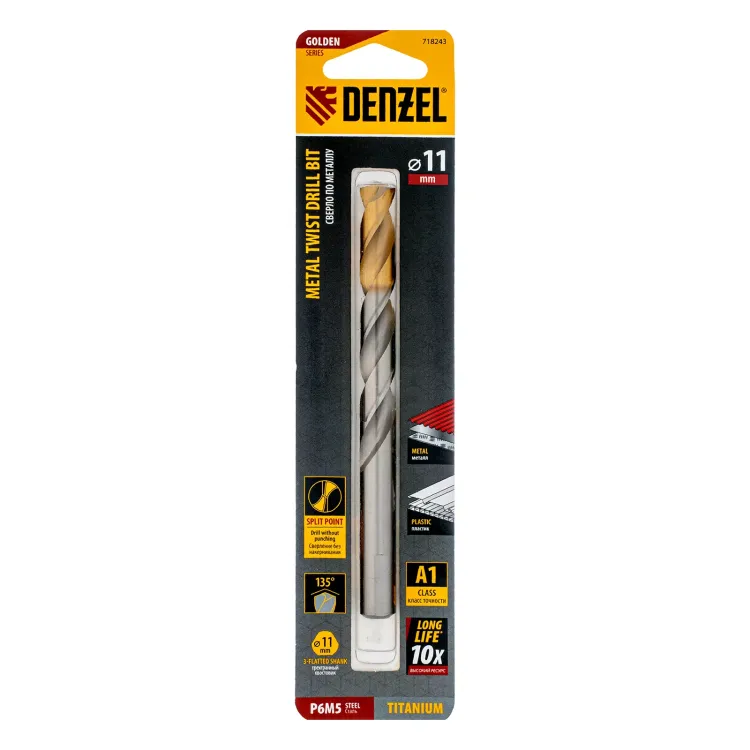 Сверло спиральное по металлу Denzel, 11 x 142 мм, Р6М5, Golden Tip, 718243 купить в Нефтеюганске