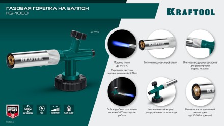 KG-1000 цельнометаллическая газовая горелка с пъезоподжигом, на баллон с цанговым соединением, 1450°C 55514 купить в Нефтеюганске