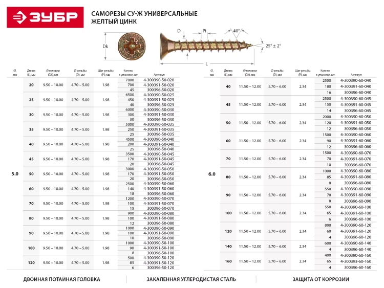 Шурупы ЗУБР "МАСТЕР" по дереву желтопассивированные, 4.0x60мм, 180шт 4-300391-40-060 купить в Нефтеюганске