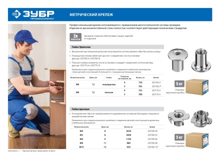 ЗУБР DIN 1624, M4 x 8 мм, цинк, 5 кг, врезная гайка (303780-04) купить в Нефтеюганске