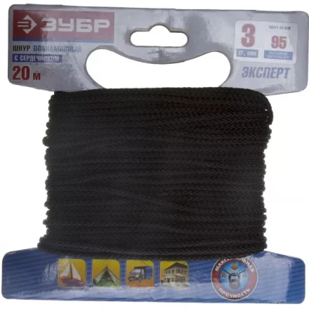 Шнур ЗУБР полиамидный, плетеный, повышенной нагрузки, с сердечником, черный, d 3, 20м 50311-03-020 купить в Нефтеюганске