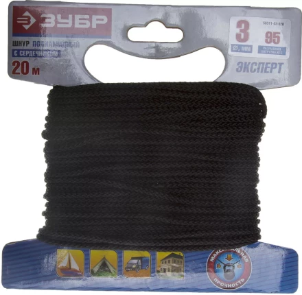 Шнур ЗУБР полиамидный, плетеный, повышенной нагрузки, с сердечником, черный, d 3, 20м 50311-03-020 купить в Нефтеюганске