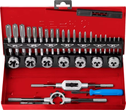 Набор ЗУБР &quot;ЭКСПЕРТ&quot; с метал.реж. инстр., метчики комплект. из 3-х штук и плашки М3-М12, оснастка-в метал.боксе, 32пред. 28129-H32 купить в Нефтеюганске