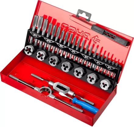 Набор ЗУБР &quot;ЭКСПЕРТ&quot; с метал.реж. инстр., метчики комплект. из 3-х штук и плашки М3-М12, оснастка-в метал.боксе, 32пред. 28129-H32 купить в Нефтеюганске