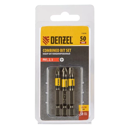 Набор бит комбинированный 3 шт., РН1, РН2, РН3, 50 мм, сталь S2 Denzel 11676 купить в Нефтеюганске