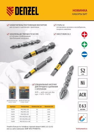Набор бит комбинированный 3 шт., РН1, РН2, РН3, 50 мм, сталь S2 Denzel 11676 купить в Нефтеюганске