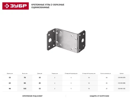 Крепежный угол ЗУБР &quot;МАСТЕР&quot; Z-образный, 65х90х45мм, 50шт 310145-090 купить в Нефтеюганске