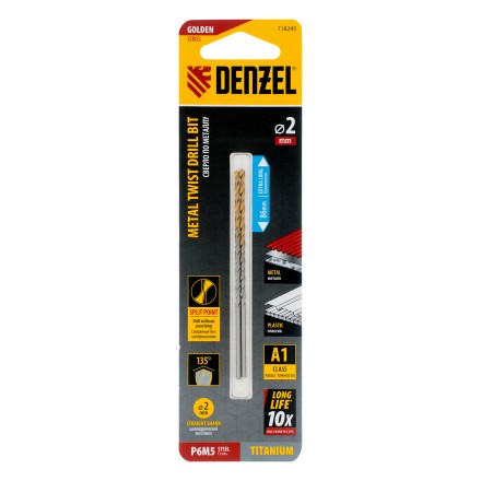 Сверло спиральное по металлу Denzel  2 х 86 мм Р6М5, Golden Tip, удлиненное, 2шт., 718245 купить в Нефтеюганске