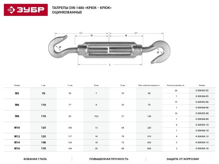 Талреп ЗУБР &quot;ПРОФЕССИОНАЛ&quot; DIN 1480, крюк-крюк, оцинкованный, кованая натяжная муфта, М12, 4 шт 4-304365-12 купить в Нефтеюганске
