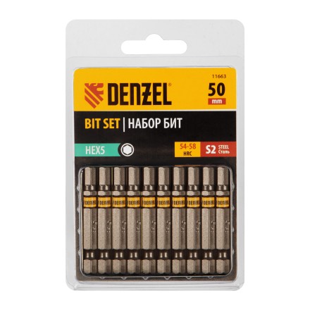 Бита HEX 5х50, сталь S2, шестигранный профиль, 10 шт. Е 6,3 Denzel 11663 купить в Нефтеюганске