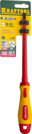 Отвертка KRAFTOOL, высоковольтная, Cr-Mo-V стержень, двухкомпонент. маслобензостойкая рукоятка, SL, 6,5х150мм 250083-6.5-150 купить в Нефтеюганске