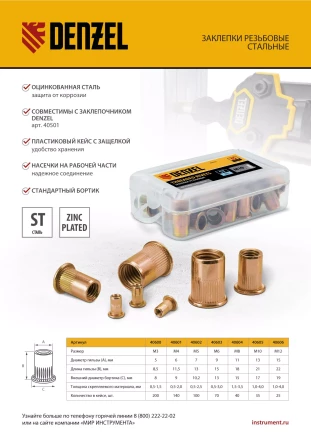 Заклепки резьбовые, стальные, оцинкованные, М3, пластиковый кейс, 200 шт. Denzel 40600 купить в Нефтеюганске