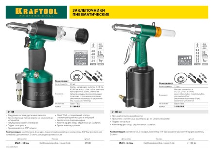 Заклепочник пневматический KRAFTOOL INDUSTRIE-PNEUMO для заклёпок из алюминия, стали, нерж. стали, d=2,4 / 3,2 / 4,0 / 4,8 / 6,4 мм 31185_z01 купить в Нефтеюганске