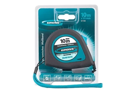 Рулетка &quot;Ergonomisch&quot;,10 м x 25 мм, магнитный обрезиненный зацеп  GROSS 31105 купить в Нефтеюганске
