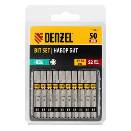 Бита HEX 6х50, сталь S2, шестигранный профиль, 10 шт. Е 6,3 Denzel 11664 купить в Нефтеюганске