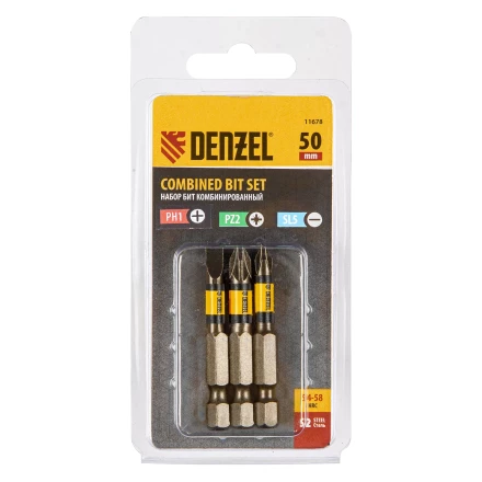 Набор бит комбинированный 3 шт., PH2, PZ2, SL5, 50 мм, сталь S2 Denzel 11678 купить в Нефтеюганске