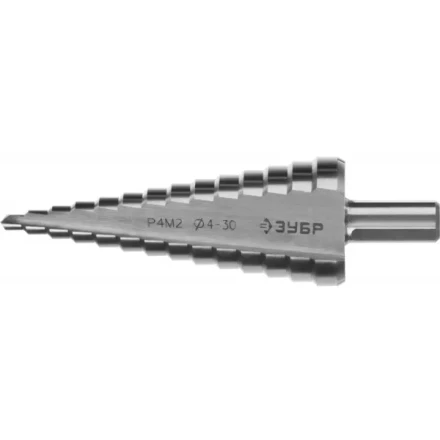 Сверло ЗУБР "МАСТЕР" ступенчатое по сталям и цвет.мет., быстрорежущая сталь, d=4-30мм, 14ступ.d=4-30, L-100мм, трехгран. хв.10мм 29665-4-30-14 купить в Нефтеюганске