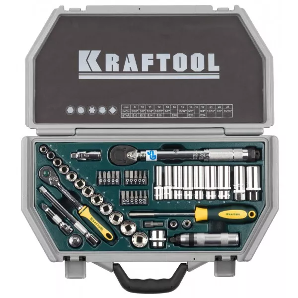Набор торцовых головок KRAFTOOL "INDUSTRIE QUALITAT" (3/8") универсальный, Cr-V, пластиковый кейс, 49 предметов 27975-H49 купить в Нефтеюганске