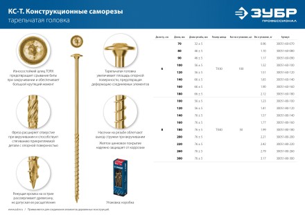 ЗУБР КС-Т, 70 х 6.0 мм, TX30, тарельчатая головка, желтый цинк, 100 шт, конструкционный саморез, Профессионал (30051-60-070) купить в Нефтеюганске