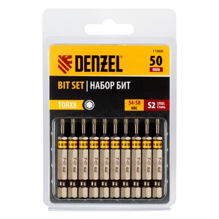 Бита TX 8х50, сталь S2, шестигранный профиль, 10 шт. Е 6,3 Denzel 11666 купить в Нефтеюганске