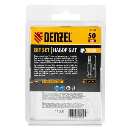Бита TX 8х50, сталь S2, шестигранный профиль, 10 шт. Е 6,3 Denzel 11666 купить в Нефтеюганске