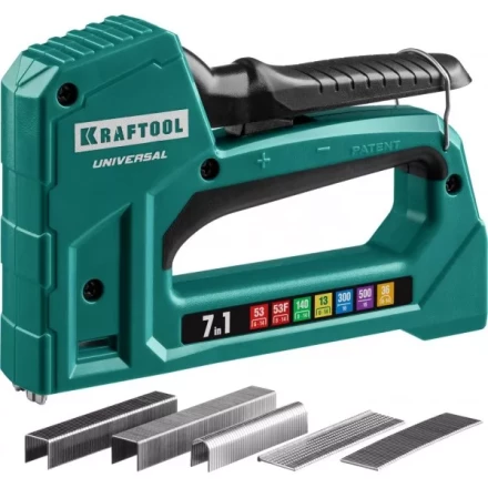 Степлер для скоб &quot;Universal&quot; 7-в-1: 53(6-14 мм)/53F(10-14 мм)/140 (10-14 мм)/13 (6-14 мм)/36 (10-14 мм)/300(16 мм)/500(16 мм), суперлегкий, KRAFTOOL 31524 купить в Нефтеюганске