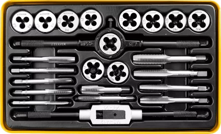 Набор метчиков и плашек STAYER &quot;MASTER&quot;, метчикодержатель 1шт, плашкодержатель 1шт, метчики 11шт, плашки 11шт, 24 предмета 28020-H24 купить в Нефтеюганске