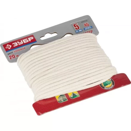 Шнур ЗУБР хлопковый плетеный, натуральный, без сердечника, d=5, 20 м, 45 кгс, 9,5 ктекс 50350-05-020 купить в Нефтеюганске