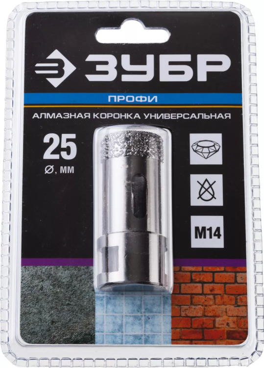 Алмазная коронка ЗУБР "ПРОФЕССИОНАЛ" универсальная для УШМ, сухое сверление, алмазы на вакуумной пайке,  посадка М14, d=25мм 29865-25 купить в Нефтеюганске