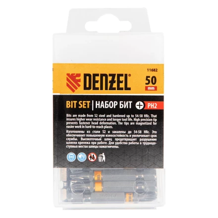 Бита PH2х50, сталь легированная S2, 30 шт., шестигранный профиль, пластиковая коробка, Е 6,3 Denzel 11682 купить в Нефтеюганске